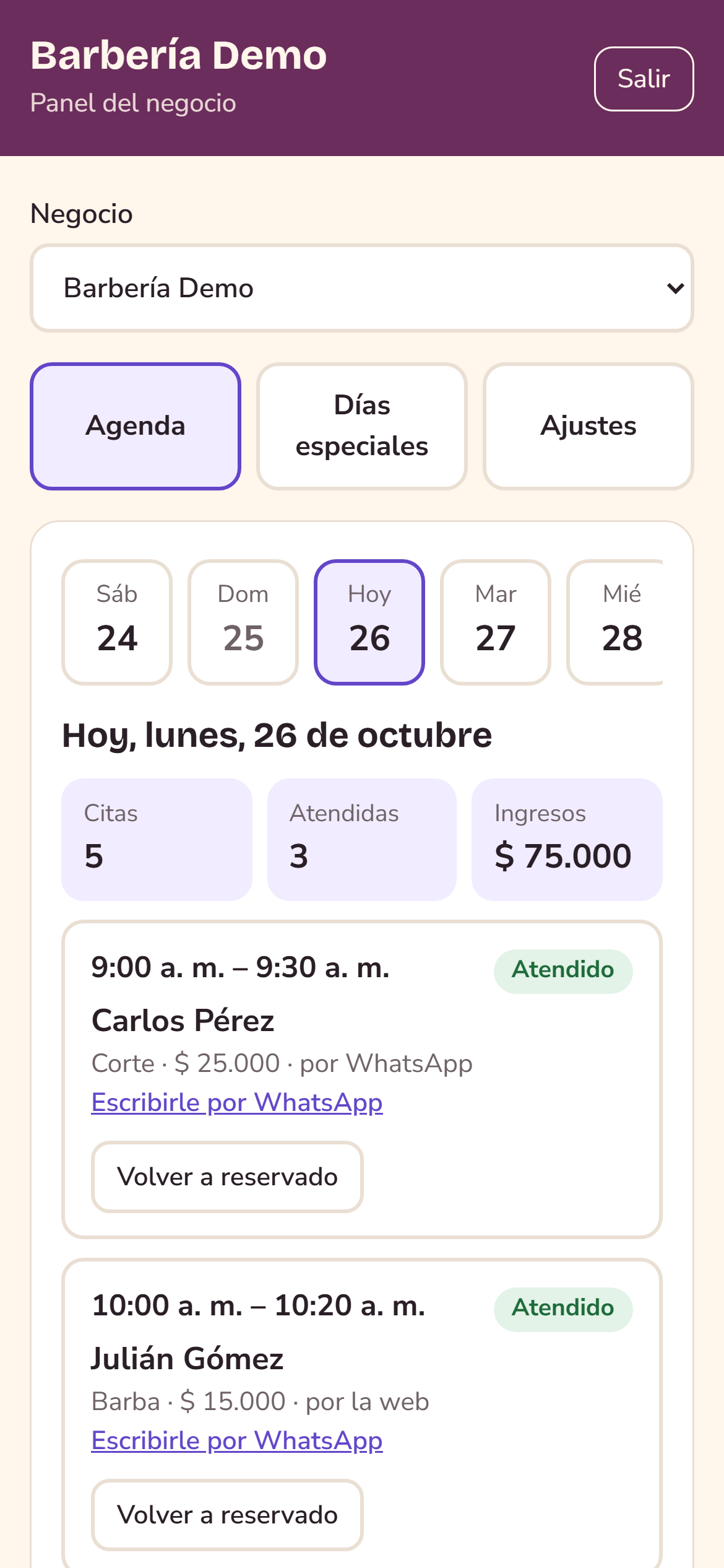 Panel del dueño con la agenda del día.