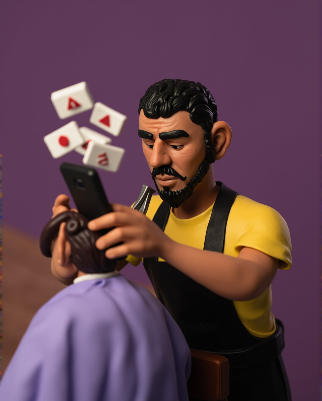Barbero estresado mirando el celular lleno de mensajes.