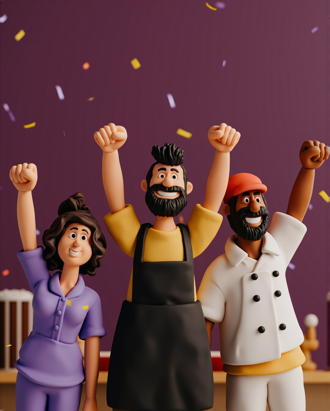 Ilustración de un barbero, una dueña de salón y un cocinero celebrando juntos entre confeti.