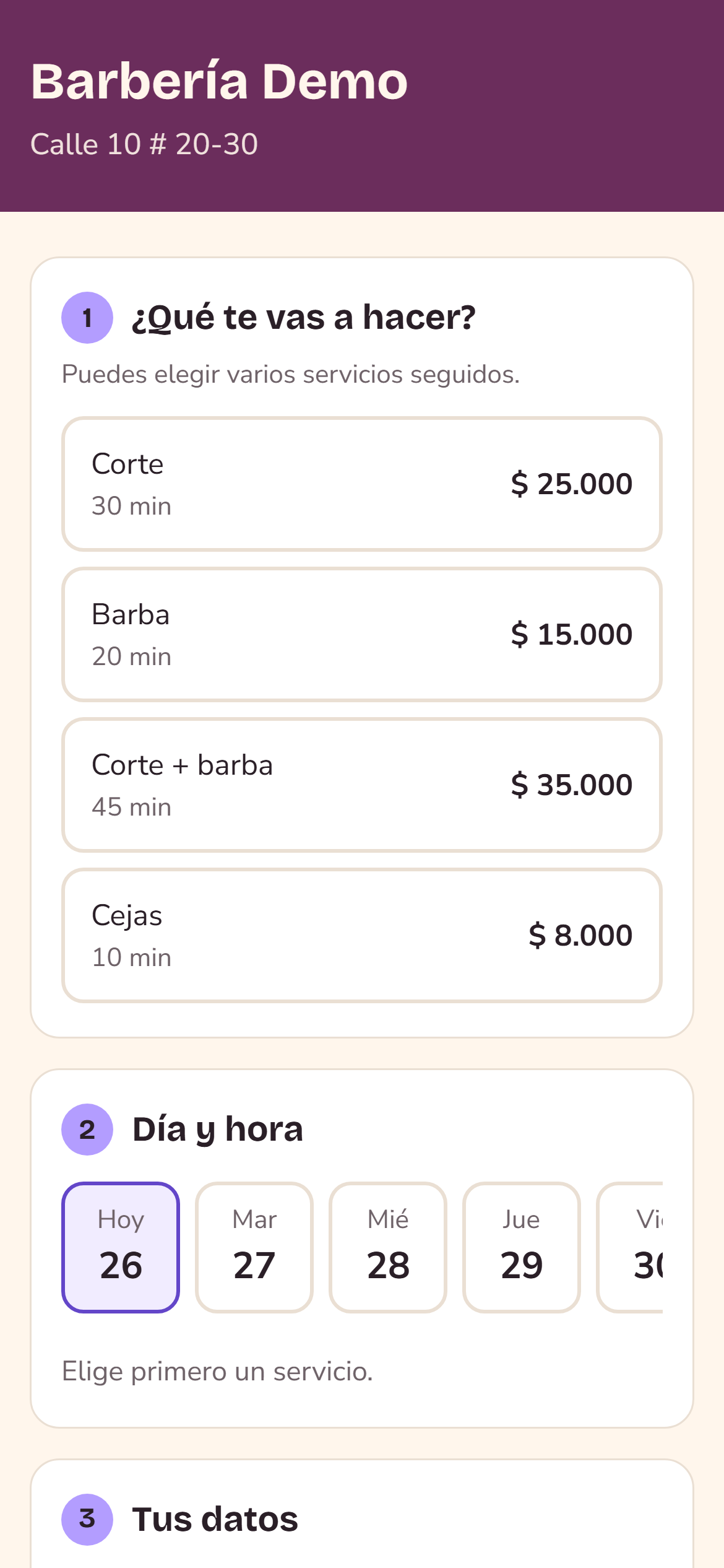 Página de reservas de la demo con los servicios del negocio.