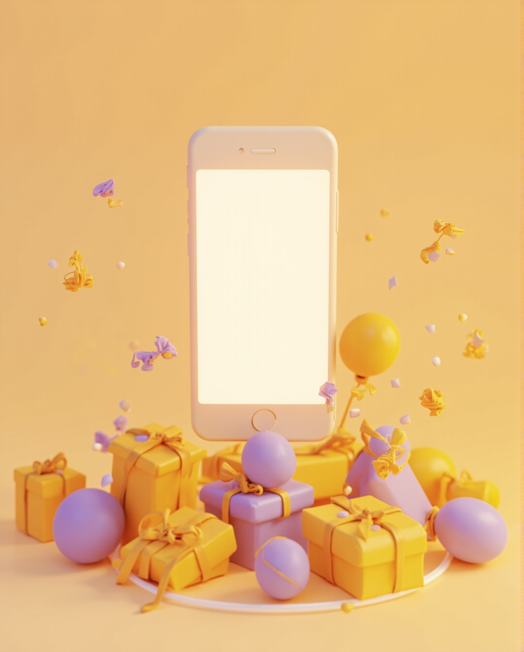 Ilustración de un celular rodeado de regalos.